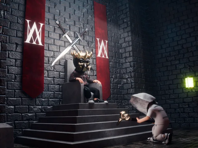 A crowned bag-head on a stone throne between two ASM banners, another kneeling on the steps