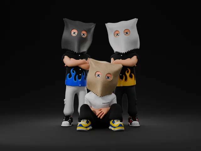 Three bag-heads together in flame-print sneakers and tees