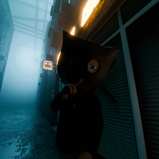 A bag-head in a moody, neon-lit alley