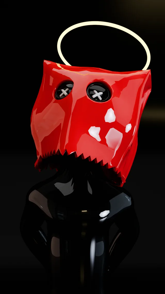A glossy red bag-head with a halo, on black