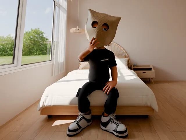 A bag-head sitting on a bed by a sunny window