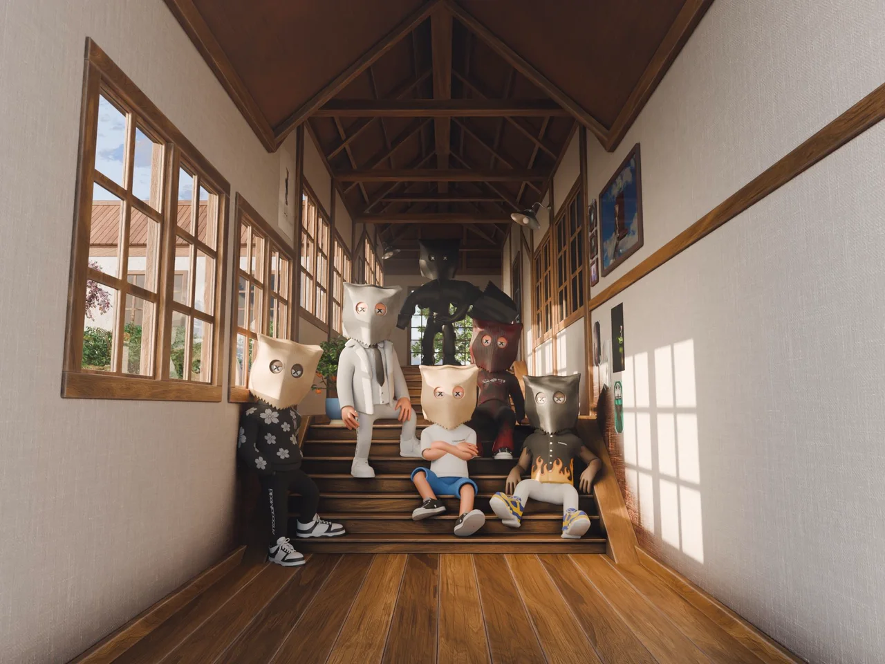 The ASM crew sitting on the stairs of a sunlit wooden school hallway
