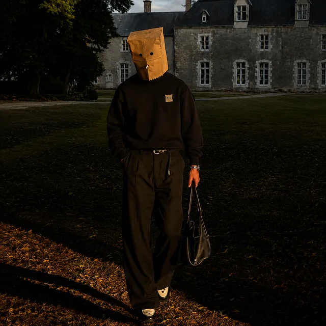 A bag-head in the black Bag Head tee in front of a chateau at dusk