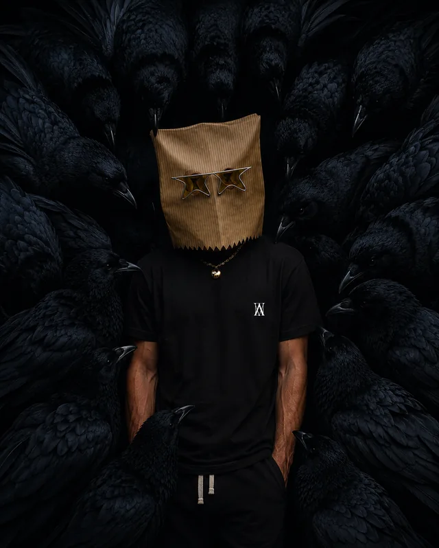 A bag-head in the black ASMedia tee among crows