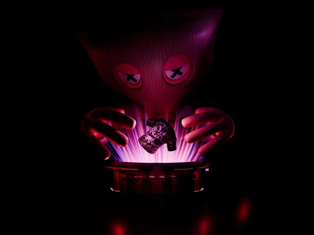 An ASM bag-head opens a glowing crate in red and purple light