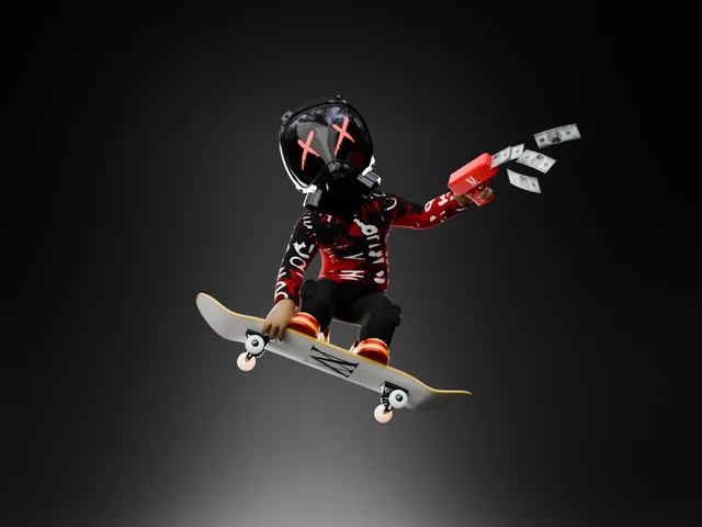 A gas-mask character mid-air on a skateboard
