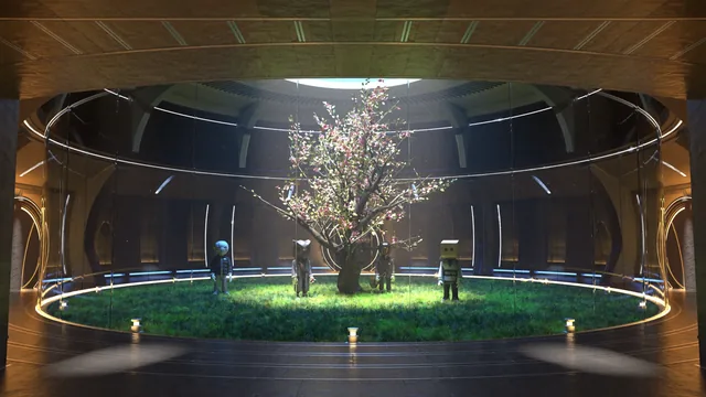 Four ASM characters around a blossom tree in a round atrium