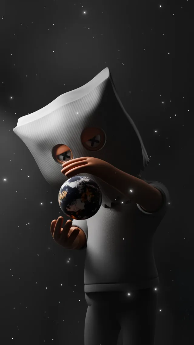 A white bag-head holding the Earth in space