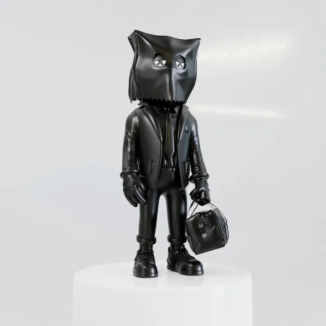 The ASM bag-head character in all black with a duffel bag, turning on a white pedestal